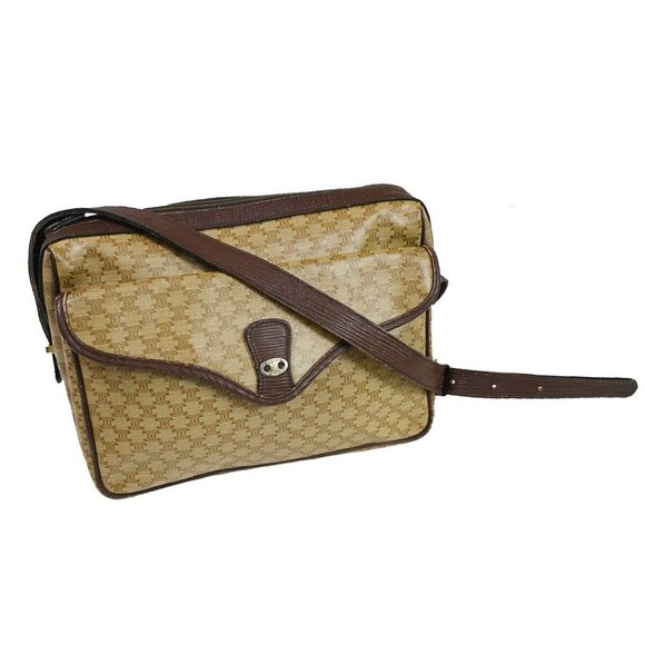 CELINE Logo Macadam Pattern Shoulder Bag PVC Leather Beige Brown